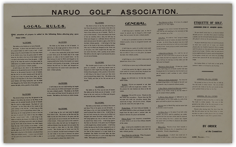 鳴尾ゴルフ・アソシエーションの委員会が出した、1915年12月付のローカルルール、ゼネラルルール、エチケットに関する通達書